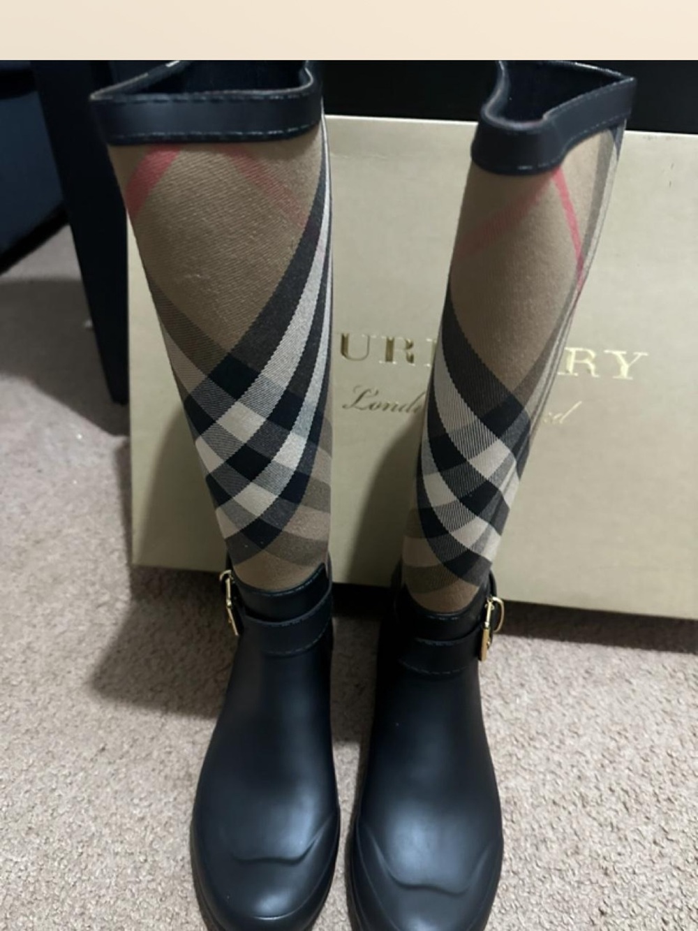 Burberry Beige Check Knee-High Rain Boots with Black Trim and Red Accent